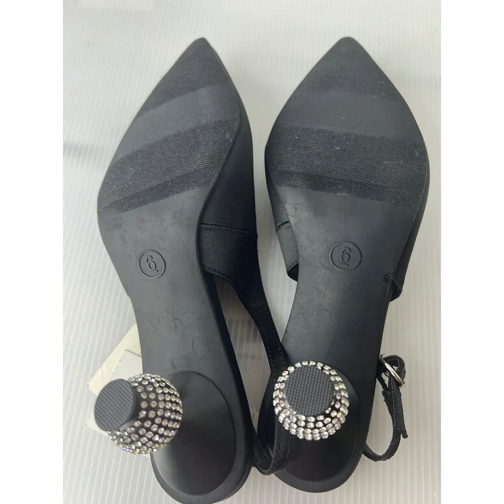 A New Day Womens Black Satin Slingback Rhinestone Ball Heel Pumps Size 6 NEW‎